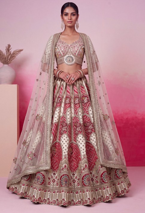 White Pure Soft Gadhwal Silk Heavy Embroidery Work Bridal Lehenga Choli